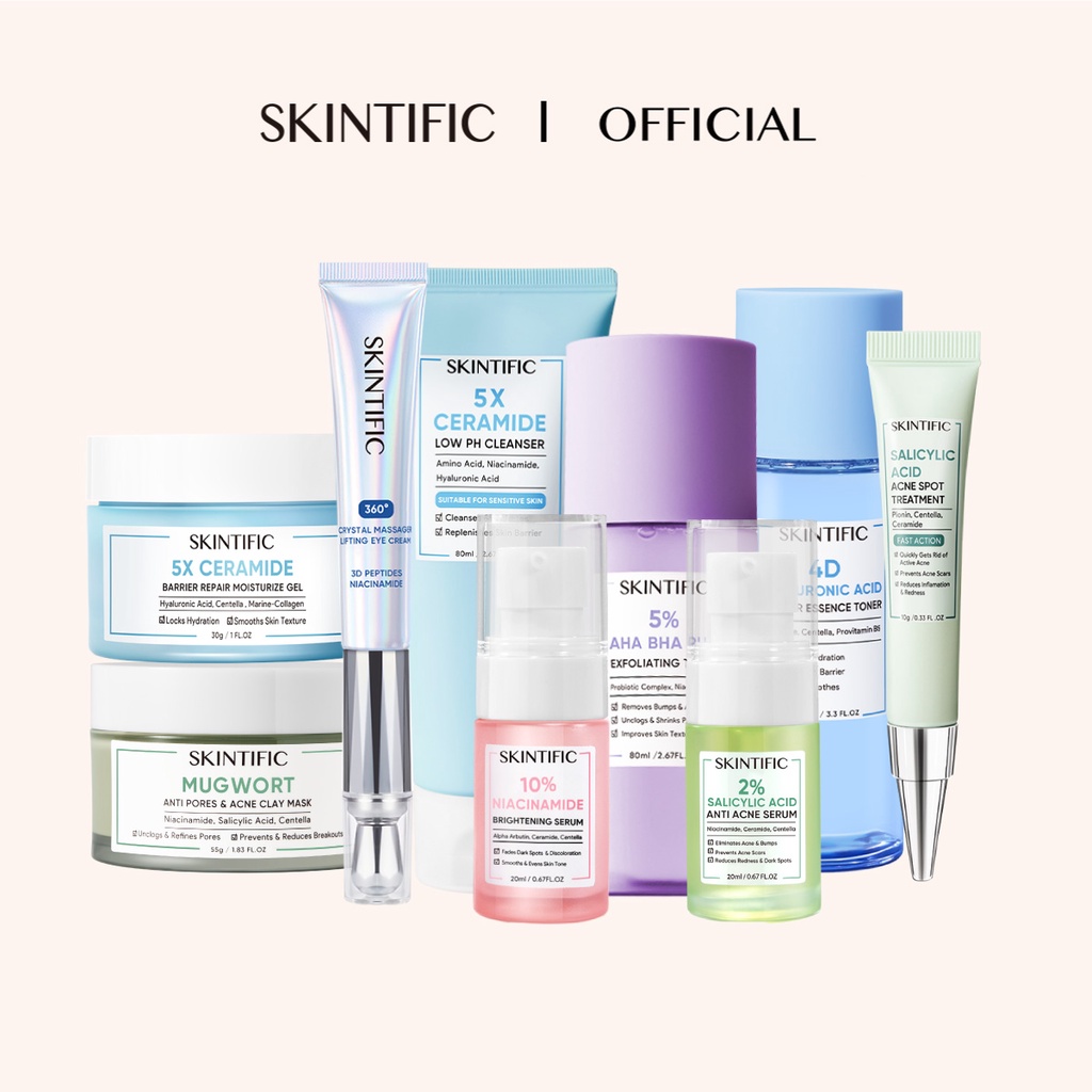 SKINTIFIC - 5X Ceramide Cleanser/Essence Toner / 10% Niacinamide Serum / 4D Hyaluronic Acid / Moisture Gel / Exfoliating Toner/ Acne Serum / Lifting Eye Cream / Acne Clay Mask