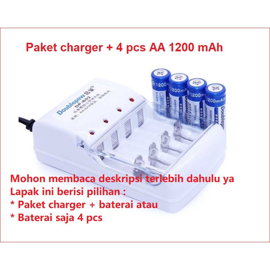 Paket charger 4 pcs baterai batere rechargeable pengecas isi ulang pilihan AA 1200 mAh AAA 1250 mAh