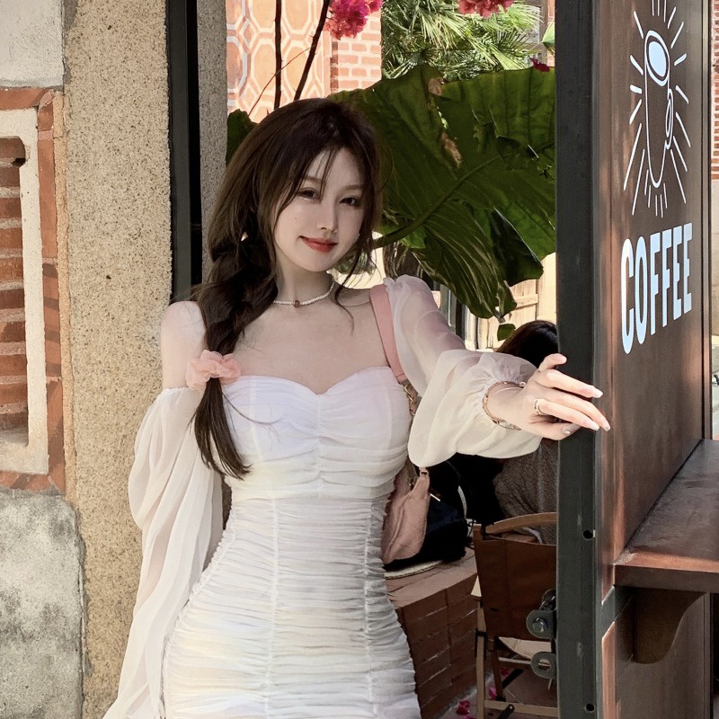 midi dress korea puff sleeve leher persegi putih tas serut lipit rok pendek gaun wanita