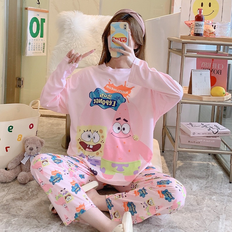 Setelan Piyama Bahan Adem Lengan Panjang Oversize Karakter Lucu Baju Tidur Wanita-pink spongebob