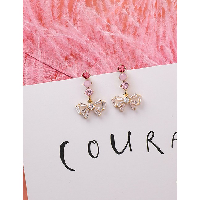 LRC Anting Tusuk Fashion 925 Silver Needle Three Small Round Crystal Tandem Rhinestone Bow Earring D