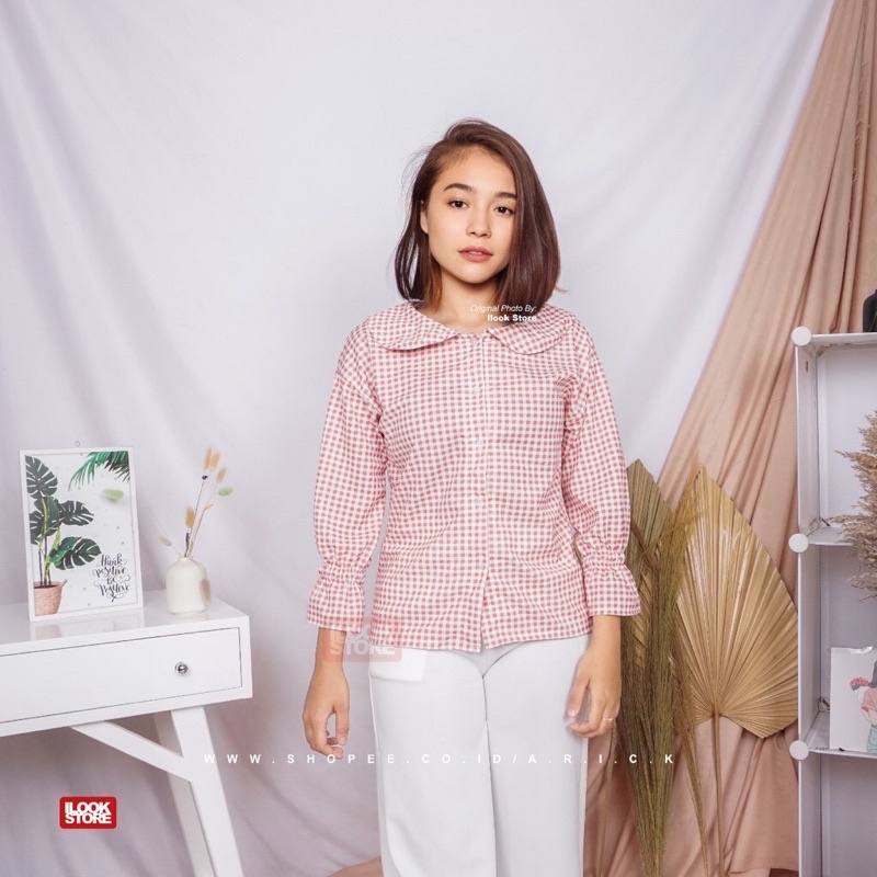 (COD) Blouse Rahel | blouse monez | Blouse Wanita Motif Kotak Bahan Creepe - Fit to L-3