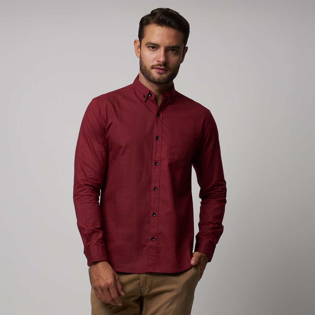 Kemeja Cowok Polos Pria Tangan Panjang Maroon Premium Quality Sigarate Slimfit Casual Kantoran Trend