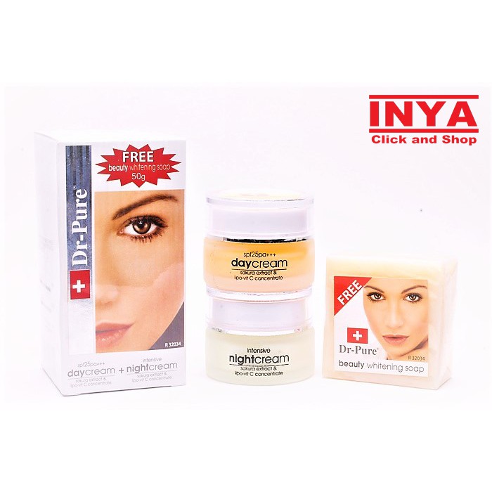 Paket Perawatan Wajah DR PURE PAKET DAY &amp; NIGHT CREAM Whitens &amp; Protects FREE Beauty Soap