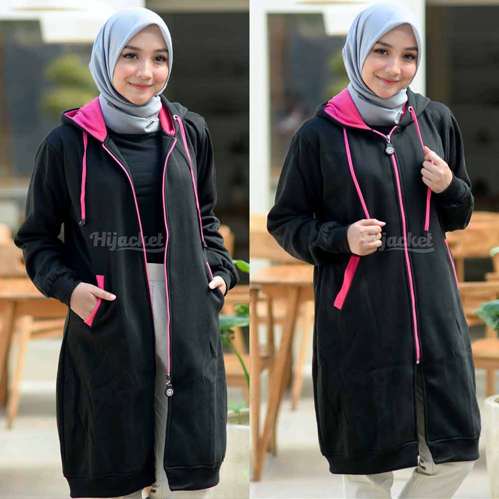 Jaket Jacket Polos Hoodie Panjang Wanita Cewek Hijabers Kekinian Hijacket Fashion Terbaru Hitam & Navy Pink-Hitam Pink