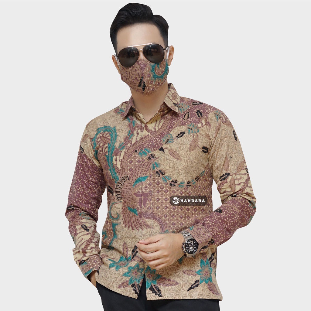 Baju Kemeja Batik Pria Lengan Panjang Slim Fit Premium Modern Full Furing Katun Halus Original Handara Motif Sundara Krem Ungu HB-261