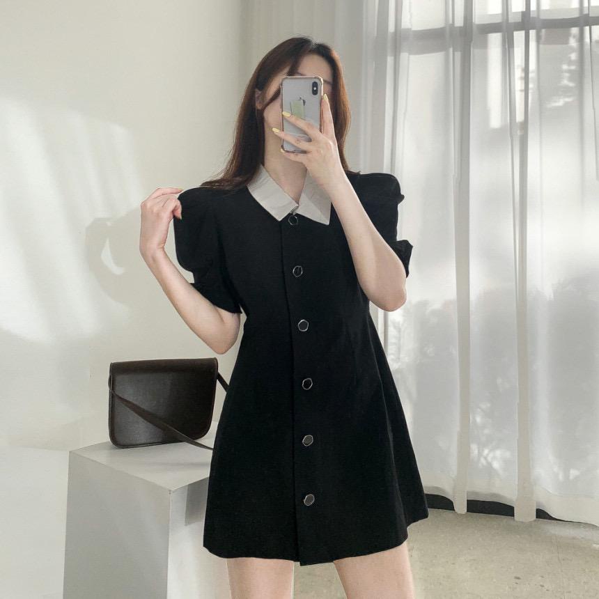 [littlecrab] Dress Full Kancing Simple Elegan Dress Kerah Putih Dress Polos Berkualitas Korean Style Short Dress Model Simply Dress Lengan Pendek Nyaman Dress Berkerah Lembut Berkualitas