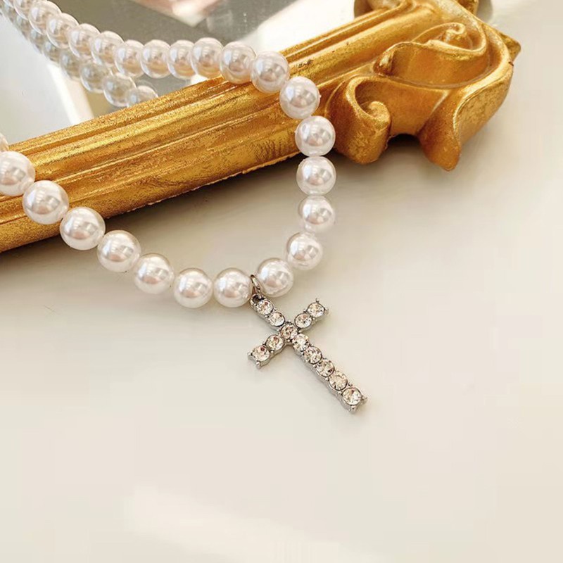 Glitter Imitation Pearls Chain Vintage Artificial Diamond Cross Pendant Necklace Jewelry