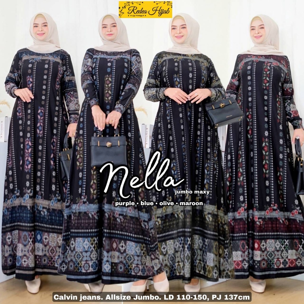 Dress Gamis bahan Calvin jeans harian ibu ibu terbaru ld 130 140 Nella jumbo maxy