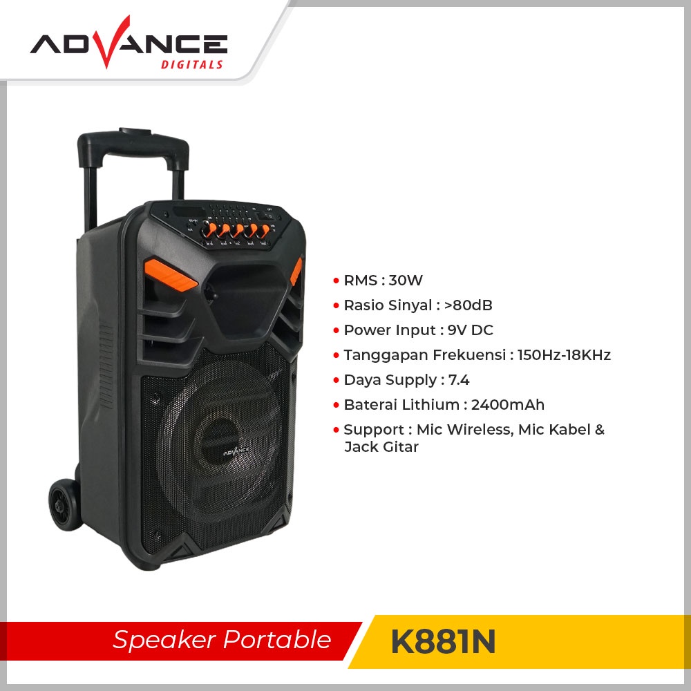 Advance 8 Inch Speaker Bluetooth Portable  K881N Garansi 1 Tahun