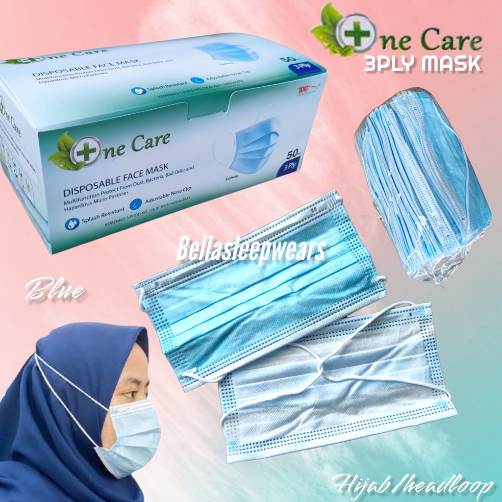 MASKER HIJAB HEADLOOP NECARE NE CARE 3PLY MEDICAL GRADE BNPB BOX ISI 50pc - BIRU - HIJAU - HITAM BLACK