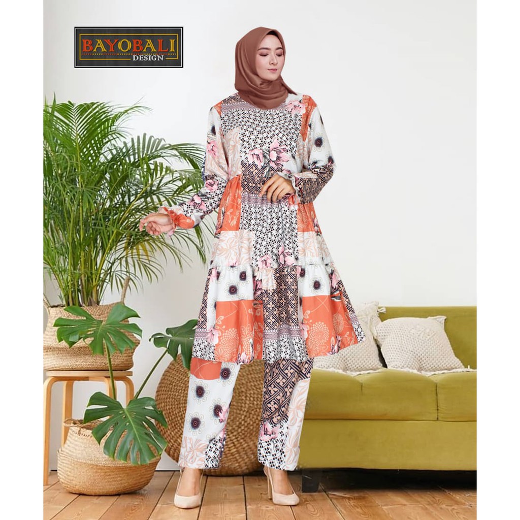 Setcel Tunik Celana Baju Setelan Tunik/Busui Terbaru/Setelan Celana Cantik/Jumbo Motif C Lavender