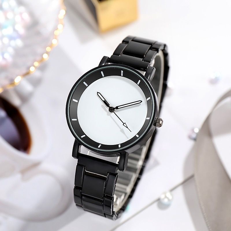 BAJ Jam Tangan Wanita Analog Quartz Casual Fashion Strap Rantai Hitam Stainless Steel Import Couple Pria JF094