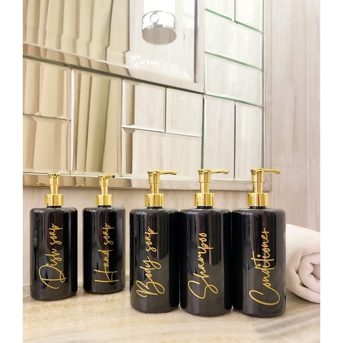 botol  HITAM GLOSSY N24 &amp; N28 500ml gold LUXURY. aesthetic bottle minimalist refill organizer tempat sabun cair pump estetik