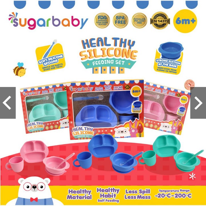 Sugar Baby Healthy Stainless / Silicone Feeding Set / perlengkapan makan bayi MPASI isi 3Pcs dan isi 4pcs 6m+