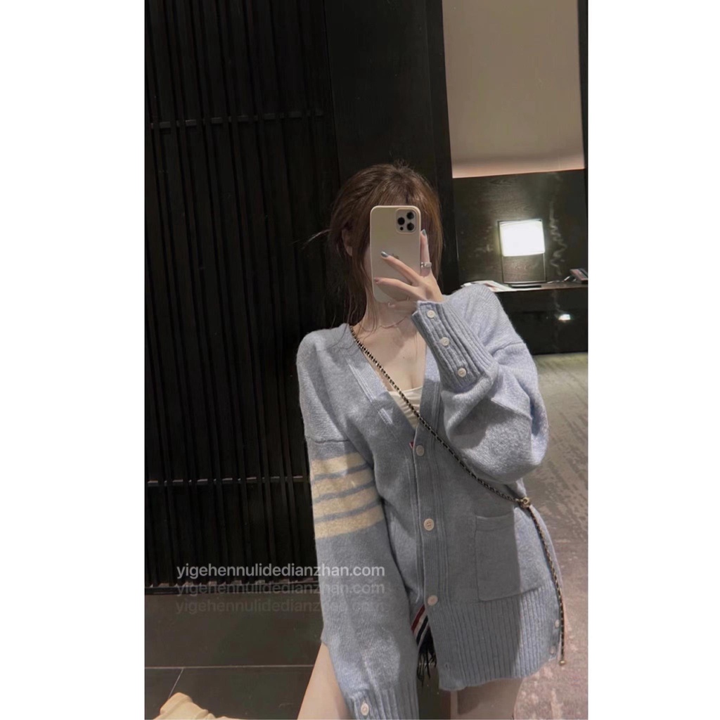 jaket korean style wanita [48 hours delivery] 21 haze baby blue wool knitted cardigan coat mid-lengt