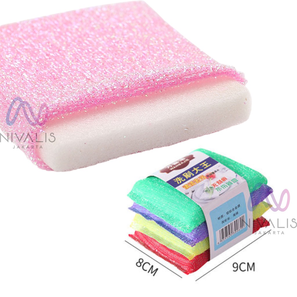 SPON BUSA CUCI PIRING PANCI SERBAGUNA SET 4 PCS WARNA CAMPUR SPONS CUCI PIRING SPONGE BUSA DAPUR