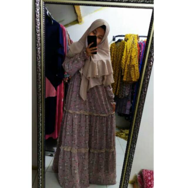 Set Gamis syari full ceruty printing motif bunga2 kecil