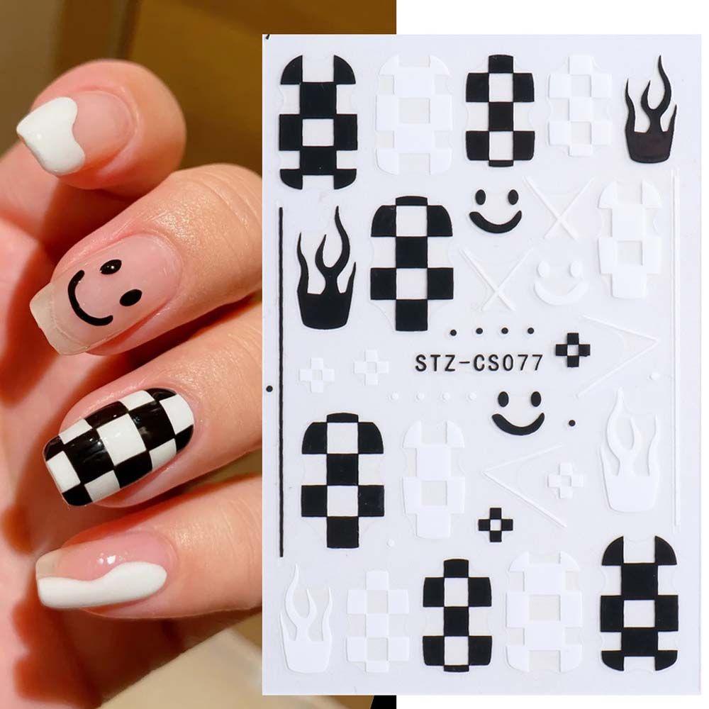 Mxbeauty Stiker Kuku Motif Kotak-Kotak / Bulan / Bintang 3D Warna Hitam / Putih Untuk Nail Art DIY