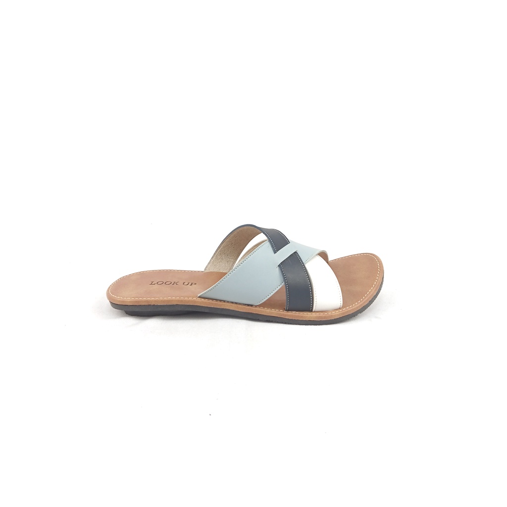 Sandal Kulit Wanita Sandal Kekinian Sandal Slop Slide Wanita Flat Motif Kombinasi Sandal Wanita Terbaru Kekinian Look Up - RIKKA