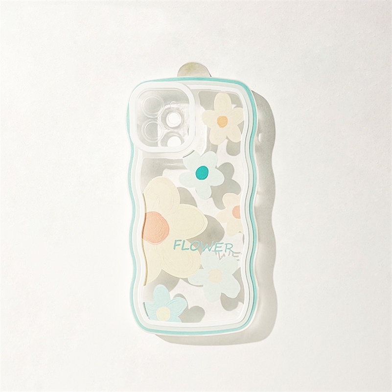 Soft Case Silikon Transparan Motif Bunga Hijau Untuk Compatible for iPhone 14 13 12 11 Pro Max X Xr Xs Max SE iPhone 8 7 6 6s Plus Flower Green Wave Edge Clear Phone Case Soft Silicone Shockproof Phone Protective Cover