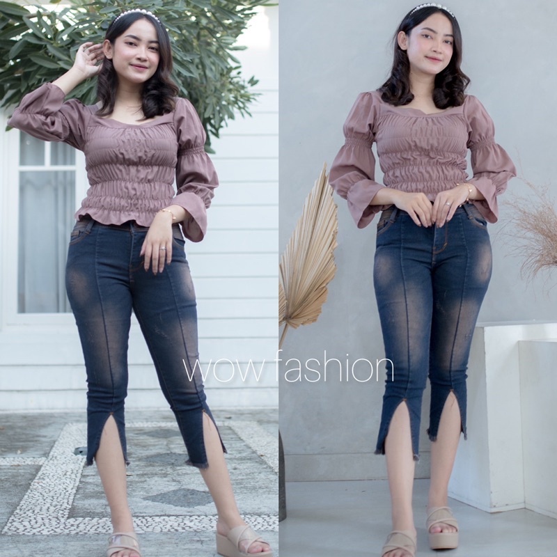 WOW-Okina Celana Jeans Wanita 7/9//Celana Belah// Celana Jeans Wanita