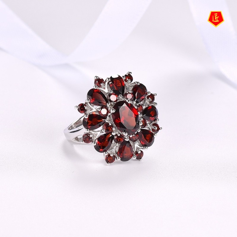 [Ready Stock]Inlaid Pomegranate Ruby Ring Female European and American Full Diamond