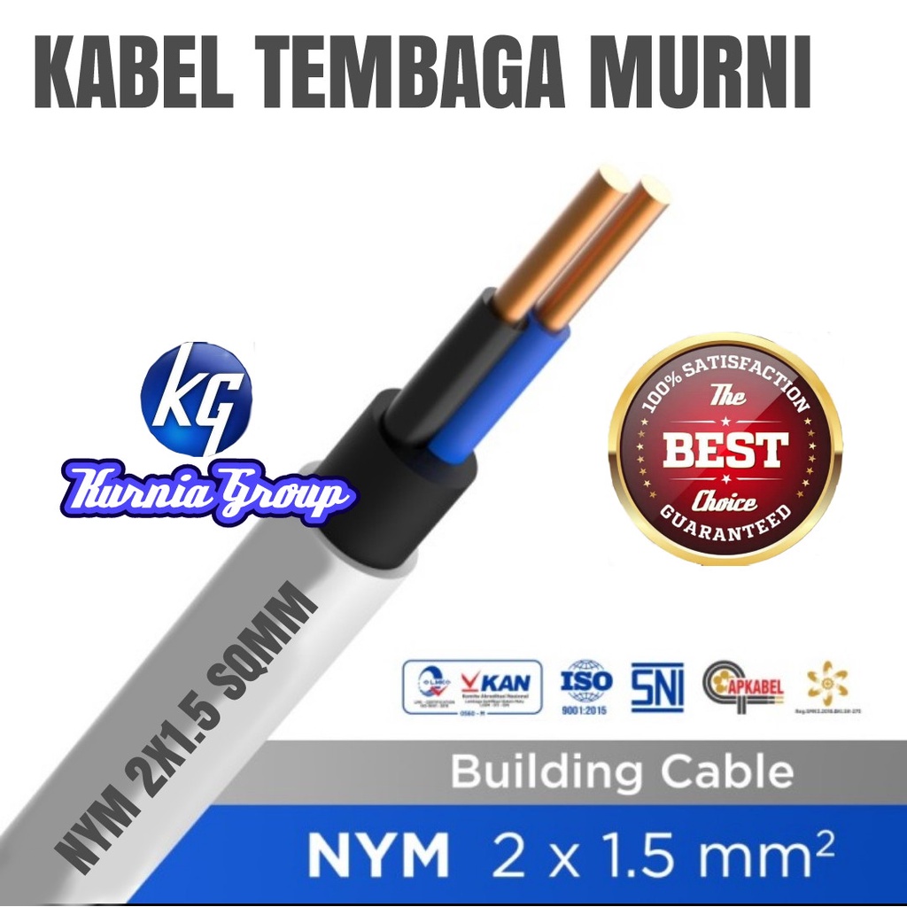 Kabel NYM 2x1.5 Sqmm Kawat Tembaga Murni TOP SNI 2 Jalur Harga Per Meter Kulit Tebal Pure Cooper Cable Listrik Kualitas Bagus untuk Instalasi Rumah Indor Dan Outdor Cabel Electrical Kurnia Group