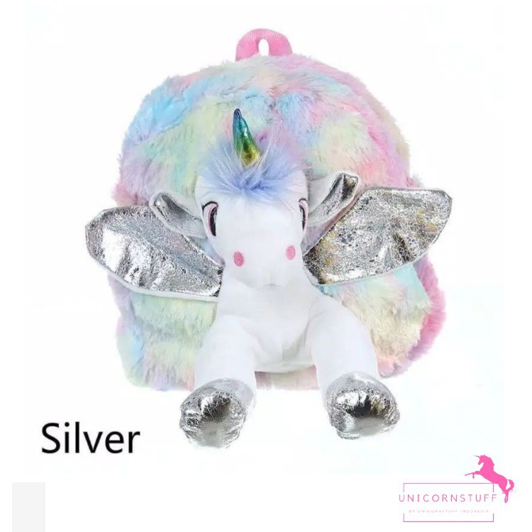 Tas Ransel Unicorn Sekolah Bulu Plush Boneka Unicorn Timbul Anak Cewek Kado