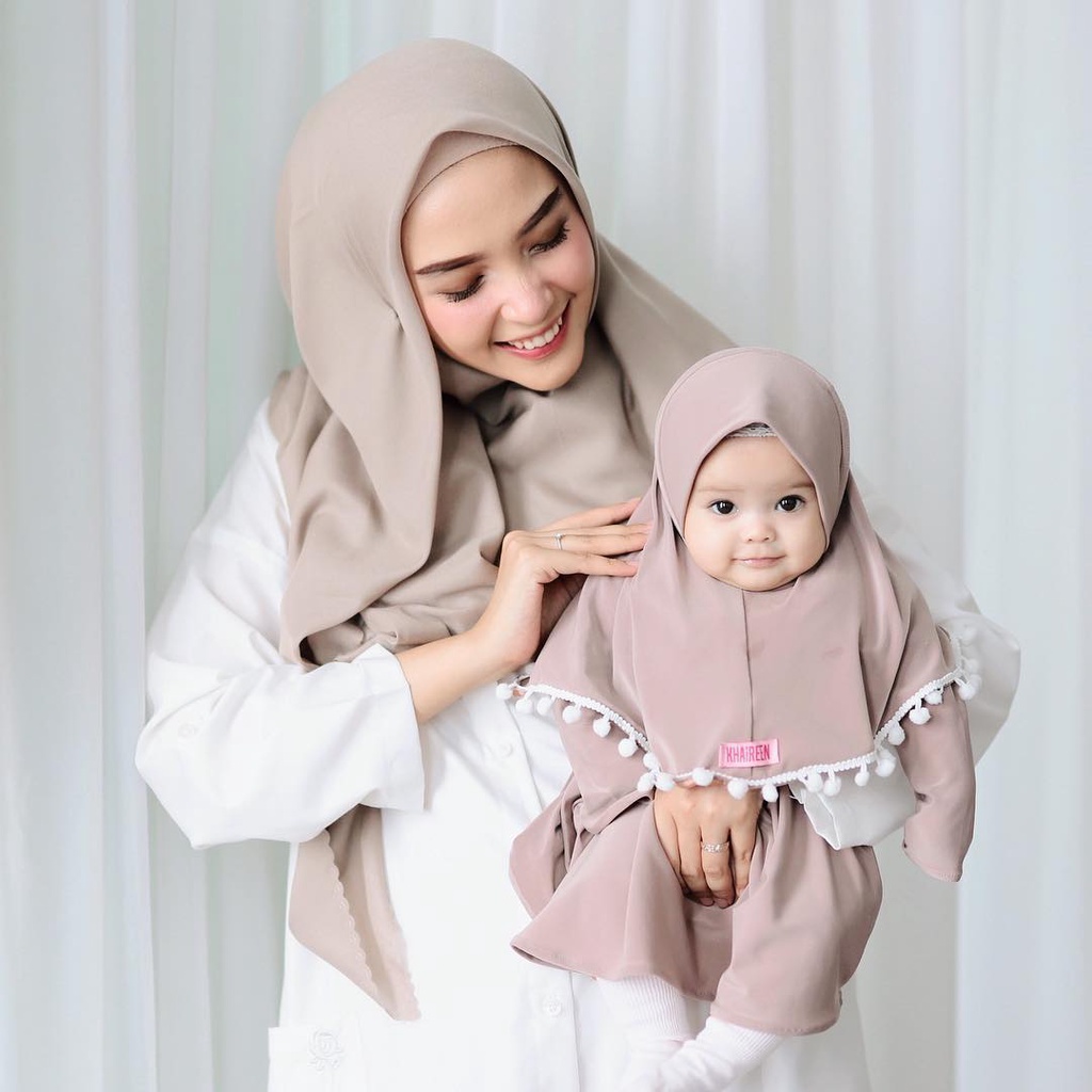 Gamis Hijab Bayi Renda Pom-Pom Pakaian Muslim Anak Balita Perempuan Katun Polos Gemoy 0-17 Bulan