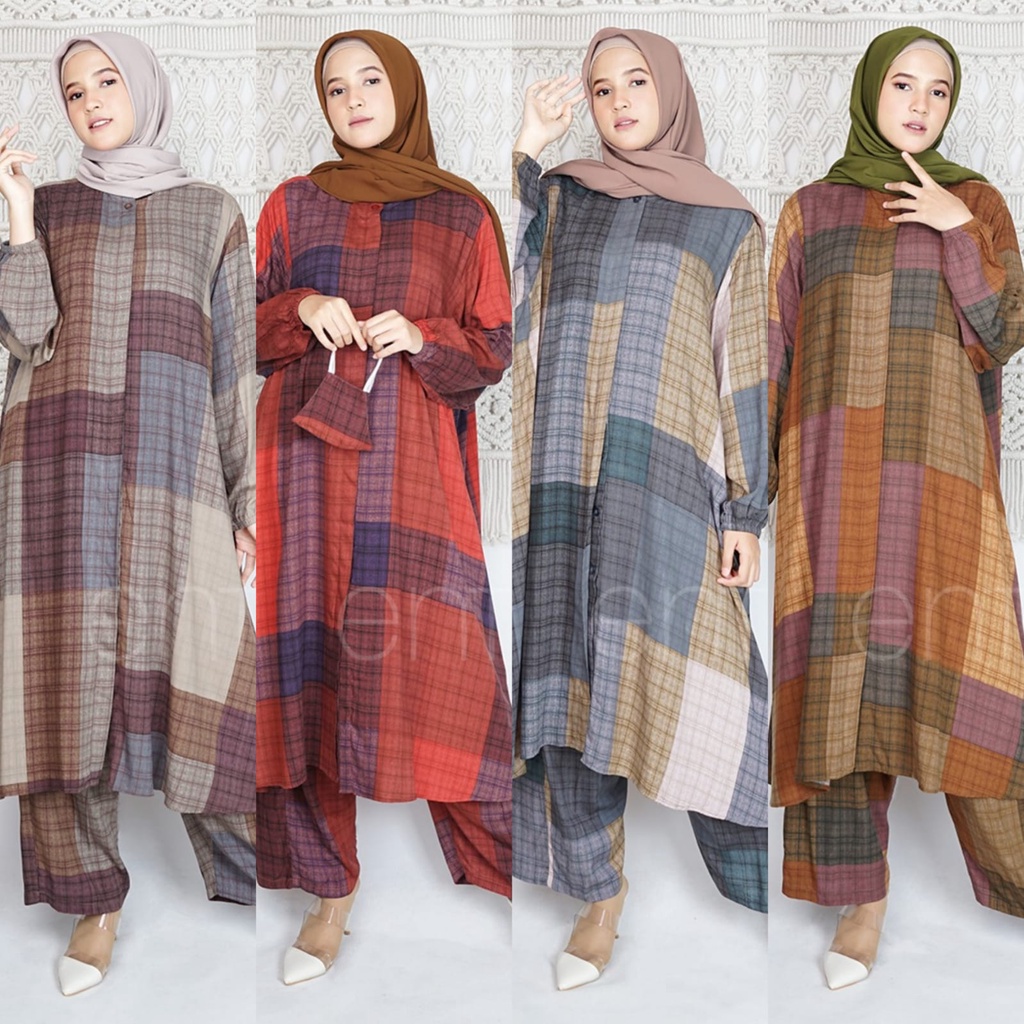 Azuka One Set Original Enter Setelan Jumbo Long Tunik SetCel Katun Viscose Premium Motif Kotak LD135