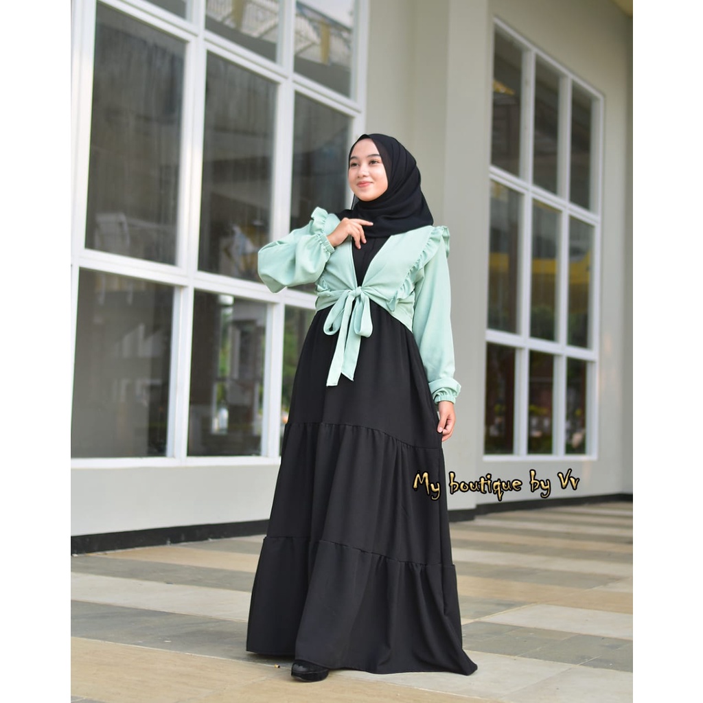 GAMIS SET ROMPI ALULA canda susun itycrepe mix cardigan rompi bisa di lepas gamis kerja wanita muslim