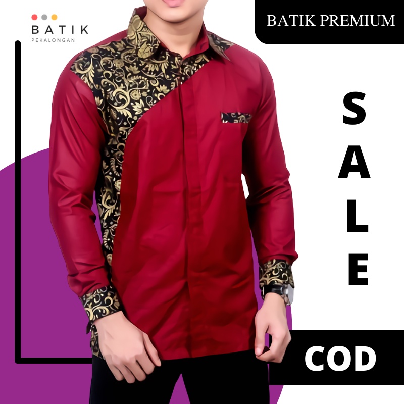 Batik Koko Modern Pria Lengan Panjang Pekalongan Premium Remaja Anak Muda Pria Merah M L XL XXL