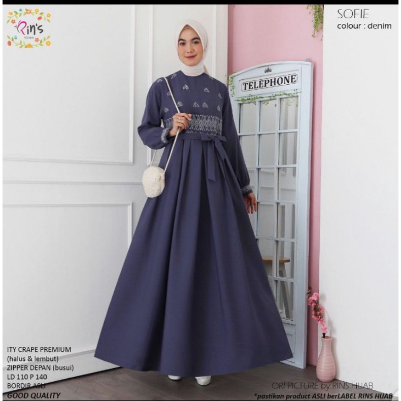 Dress bordir Sofie Ori by Rins gamis bordir busui longdress maxy ity crepe bordir tali pinggang