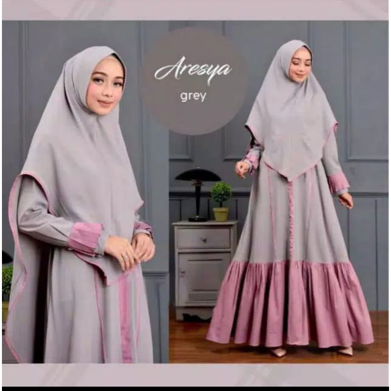 Promo Gamis Syari Aresya Free Hijab Terbaru Fashion Muslim-Grey