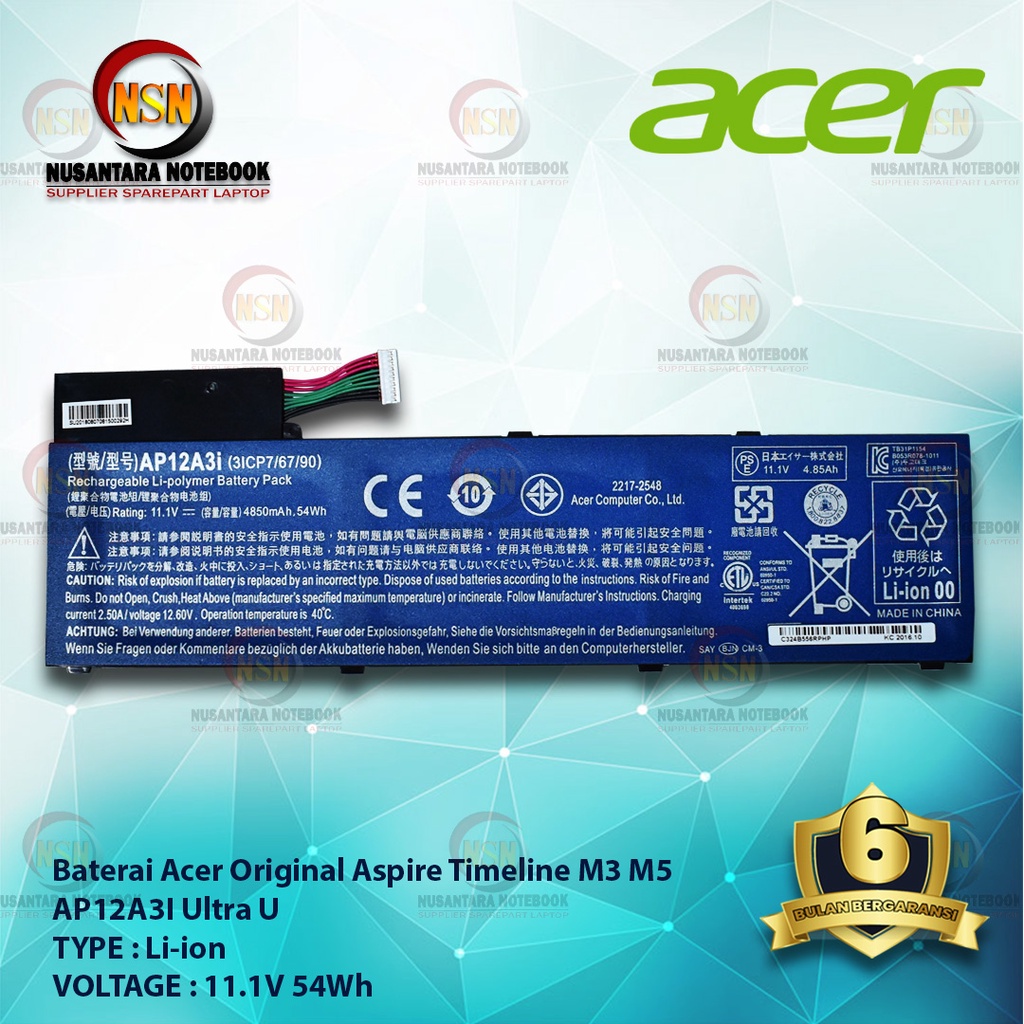 Baterai Acer Original Aspire Timeline M3 M5 AP12A3i Ultra U