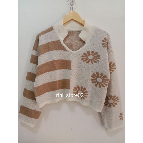 FUJI SWEATER RAJUT CROP TOP MOTIF STRIF FLOWERS