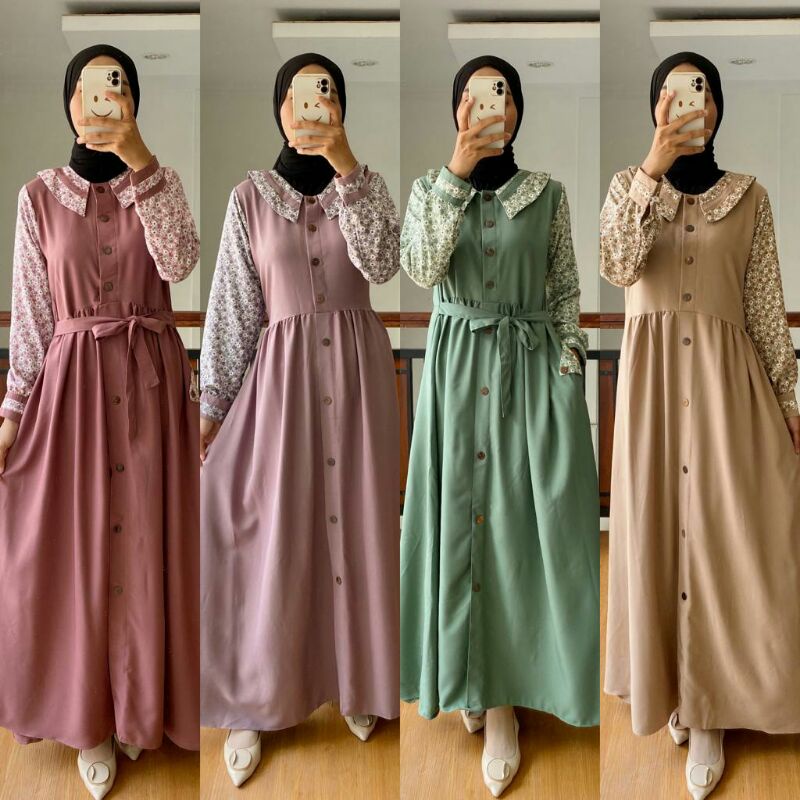 MAXI DRESS GAMIS KERAH KRAH REBAH POLOS MOTIF BUNGA WARNA DUSTY PINK UNGU LILAC HIJAU MINT GREEN COK