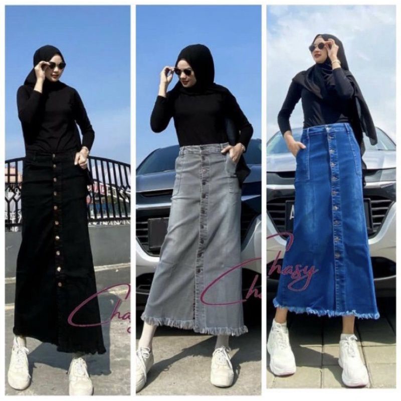 # ROK JEANS PANJANG APLIKASI KANCING# ROK JEANS GISCA