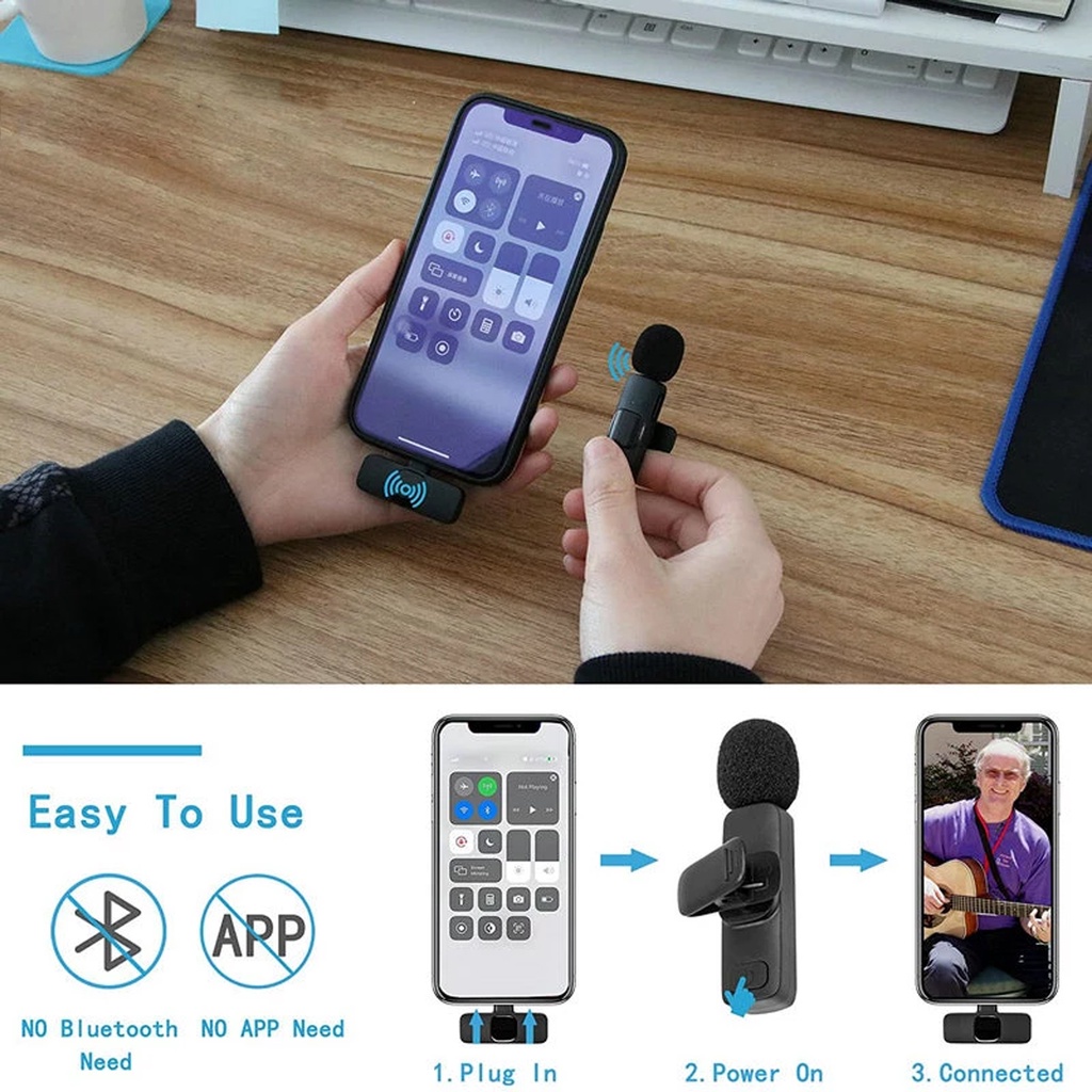 Microphone Wireless Mikropon Bluetooth Clip On HP Vlog Microfon Youtuber Recording Portable Mic for iPhone Lighting and Android Type C Smartphone Condenser