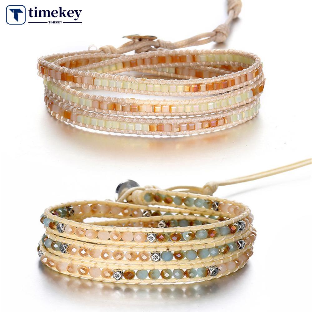 Timekey Gelang Tangan Kulit Handmade Hias Batu Alam Kristal Quartz Untuk Wanita G4Z5