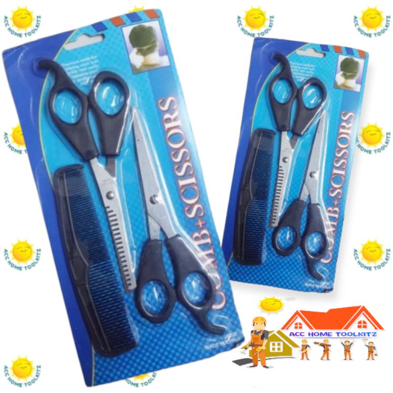 Gunting Potong Rambut Set 3 Pcs Biru Gunting Sisir Dan Gunting Sasak Cheryl / Zigzag Shaggy / Combi + Scissors