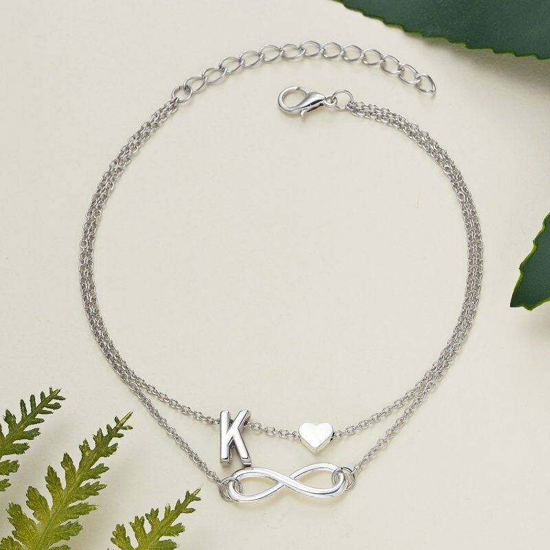 Gelang Kaki Rantai Multi Layer Desain Hati Infinity Inisial Huruf Warna Silver Untuk Wanita