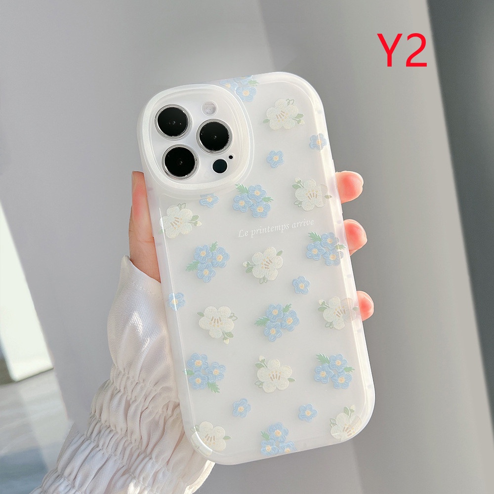 Soft Tpu Oil Painting Blue Flower Pattern Case Compatible for IPhone 11 12 13 14 Pro Max 7 8 6 6s Plus X XR XS Max SE 2020 Summer Strawberry Shockproof Camera Protector Back Cover