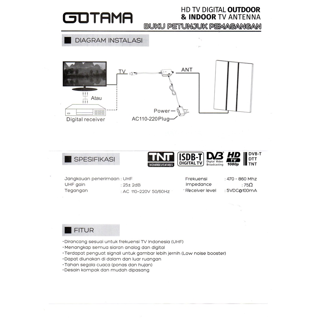 Gotama Antena Digital Indor Dan Outdor GTA-DA488 Multifungsi Gotama