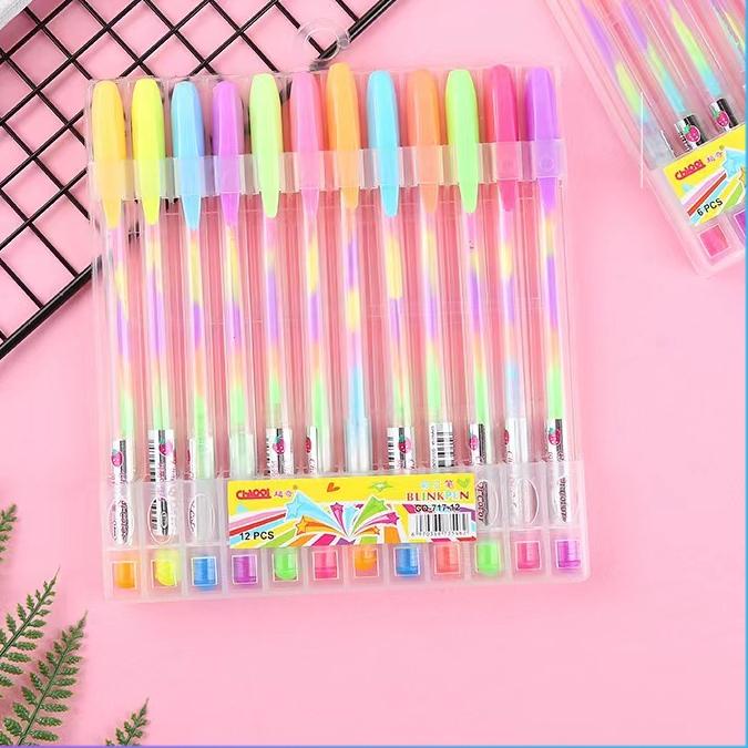 

❤[PROMO ⚡ALE!!!]❤ Pen Gliter Warna Rainbow/bolpen jel pelangi/drawing pen warna/Blink pen 12 pcs produck terlaris