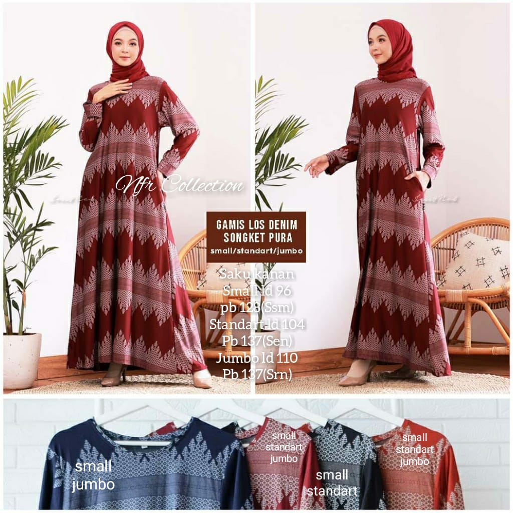 gamis jessnad calvin jeans motif songket solo, songket pura,  dan bunga kertas S ld 92 L ld 104 jumb
