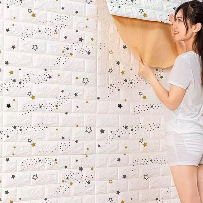 wallpaper sticker foam 3D premium permukaan timbul motif bata putih bintang