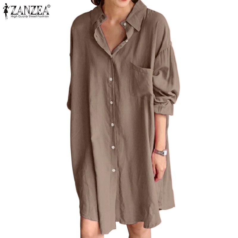 ZANZEA Women Fashion Turn-down Collar Long Sleeve Casual Shirts Loose Plain Blouse