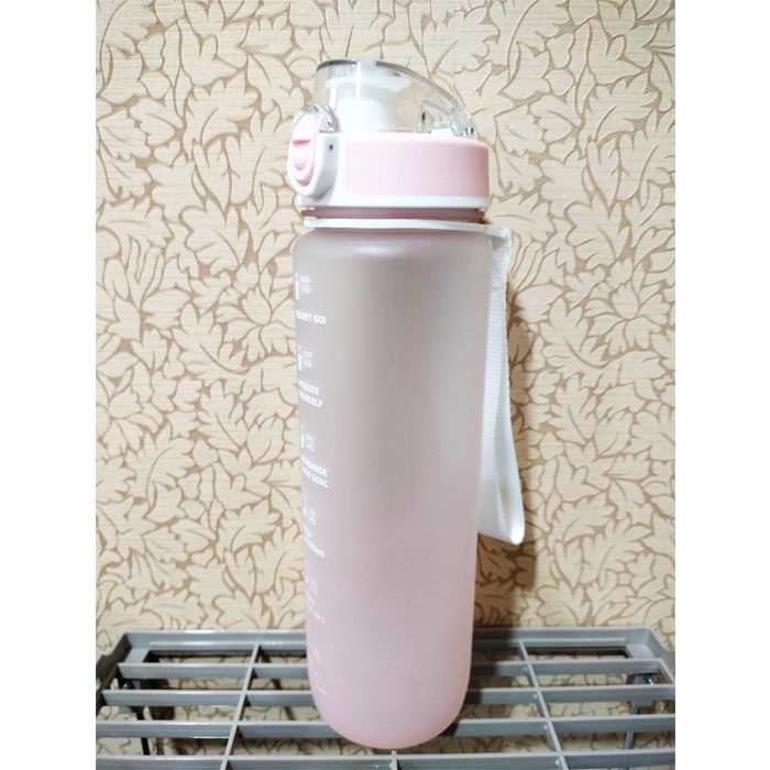 HOKO Botol Minum Tumbler Olahraga Sport Unik FREE Stiker 2D+3D / Botol Motivasi 1000ML / Botol Penanda Gradient Gradasi 1 LITER-1L White & Pink
